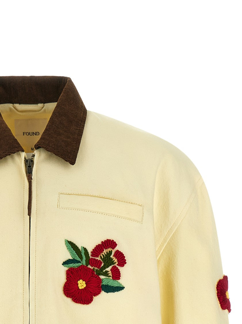 Found Enzymatic Washed Cotton Twill Workwear Jacket With Floral Embroidery