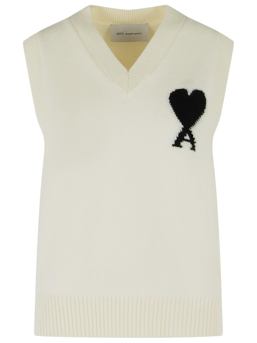 Ami Paris White Ami De Cœur V-Neck Wool Vest