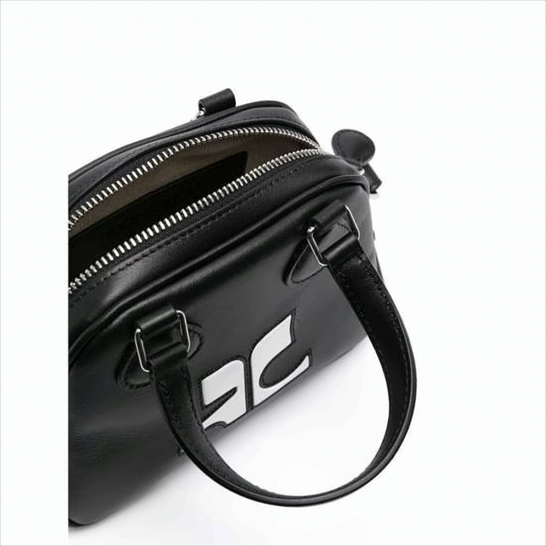 Courrèges Structured Black Calf Leather Tote Bag With Contrasting Logo
