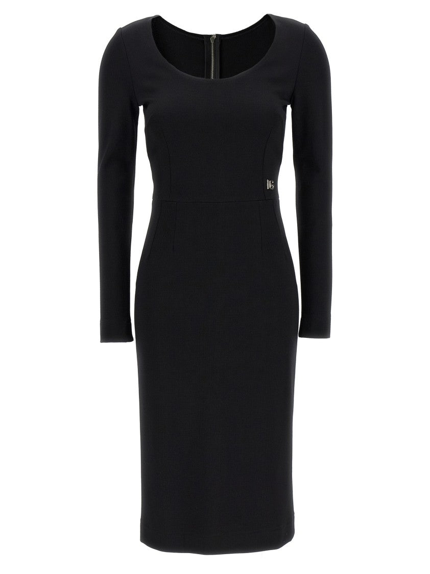 Dolce & Gabbana Stretch Viscose Midi Dress With Metal Logo Detail