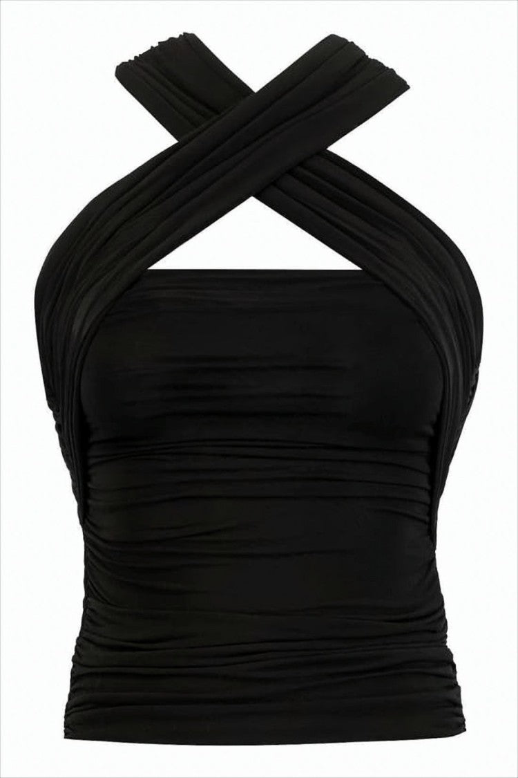 Saint Laurent Crisscross Ruched Black Sleeveless Top