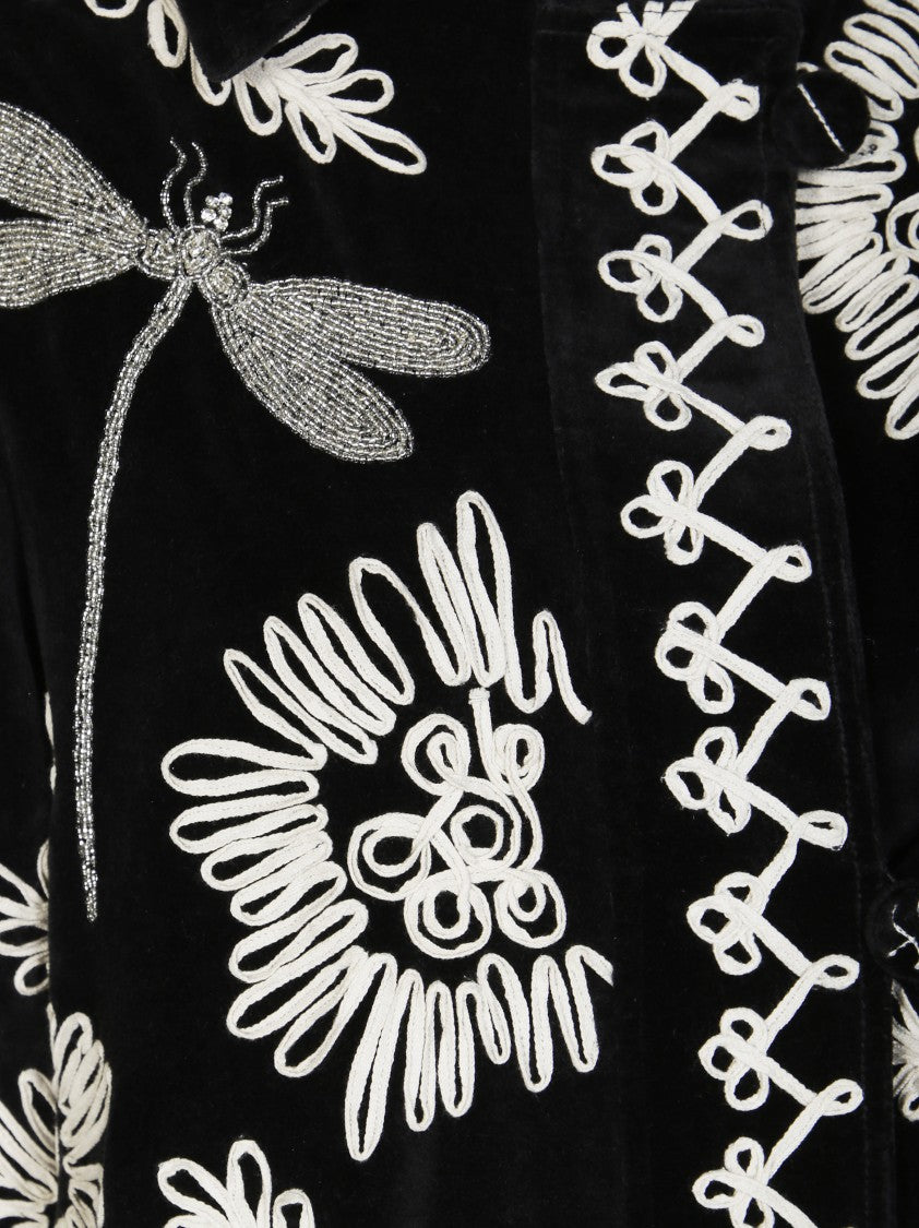 Forte Forte Velvet Coat With Embroidered Floral Motifs And Decorative Trim