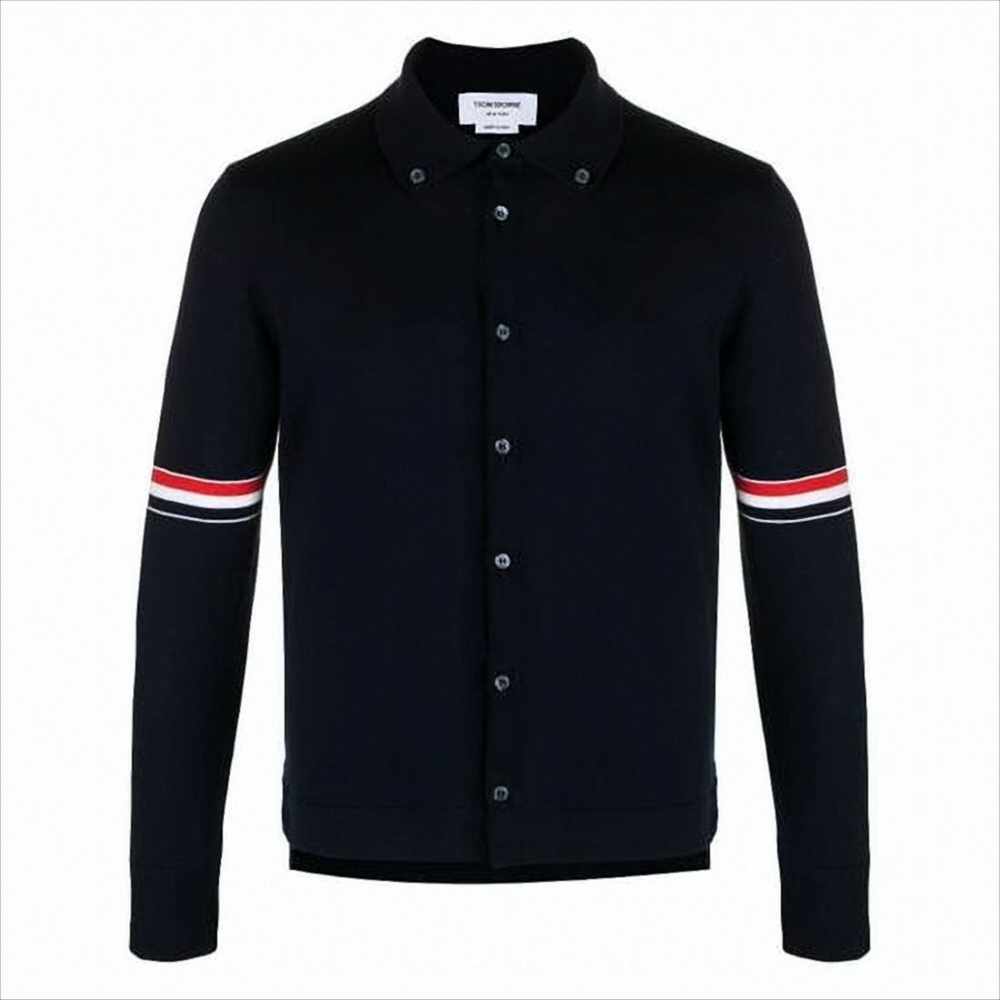 Thom Browne Fine-Knit Wool Cardigan With Horizontal Stripe Accents