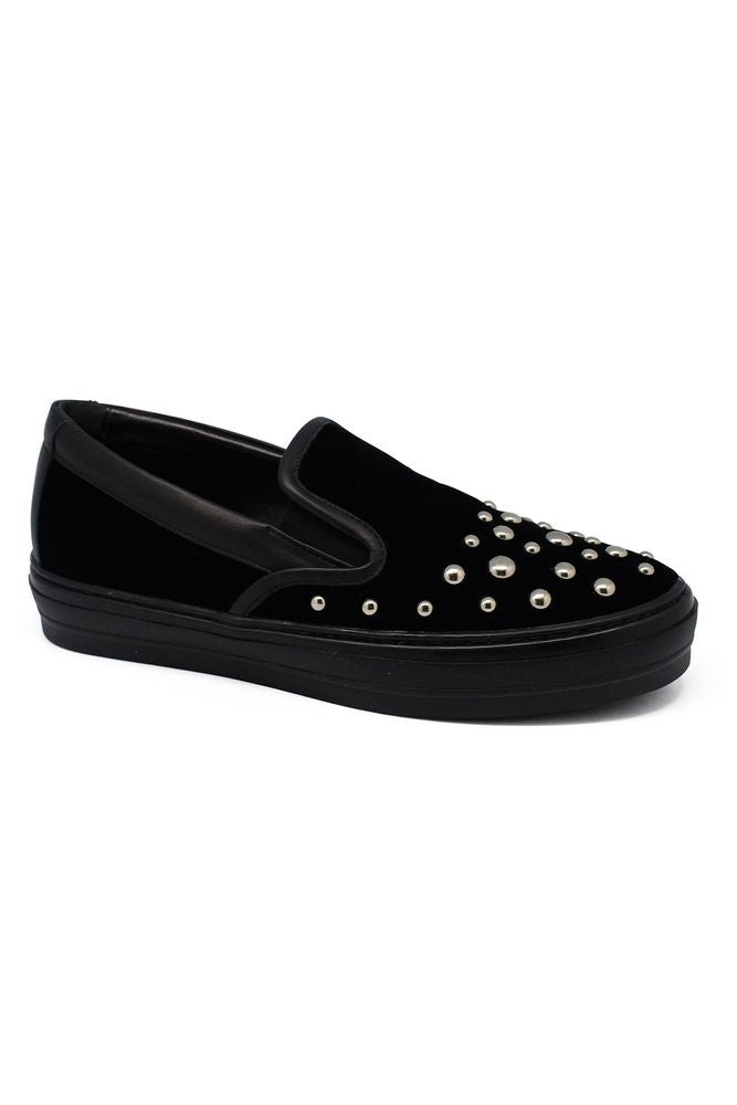 Salvatore Ferragamo Black Velvet Slip-On With Metallic Studs