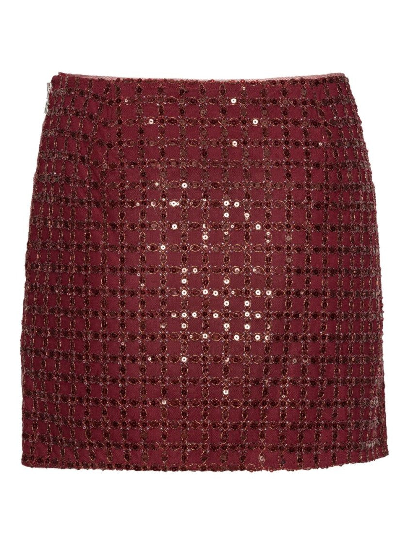 Rotate Sequin-Embellished Burgundy Mini Skirt