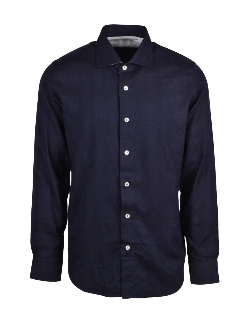 Eleventy Blue Button-Down Flannel Cotton-Blend Shirt