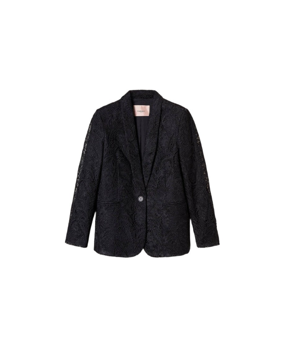Twin-Set Black Paisley Macramé Lace Crêpe De Chine Lined Blazer