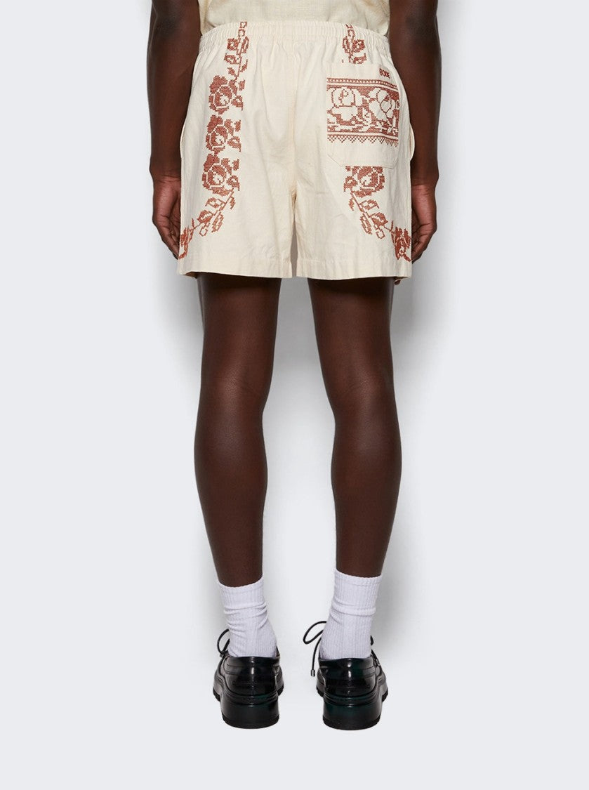 Bode Cross Stitched Rose Garland Shorts