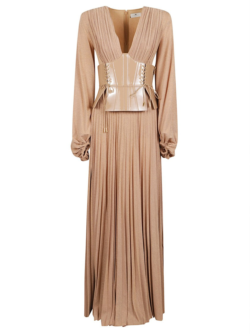 Elisabetta Franchi Pleated Long Dress With Glossy Corset Belt