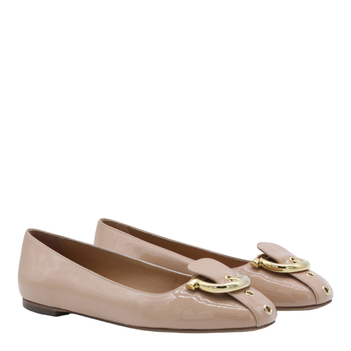 Ferragamo Patent Nude Flats With Gold-Tone Buckle