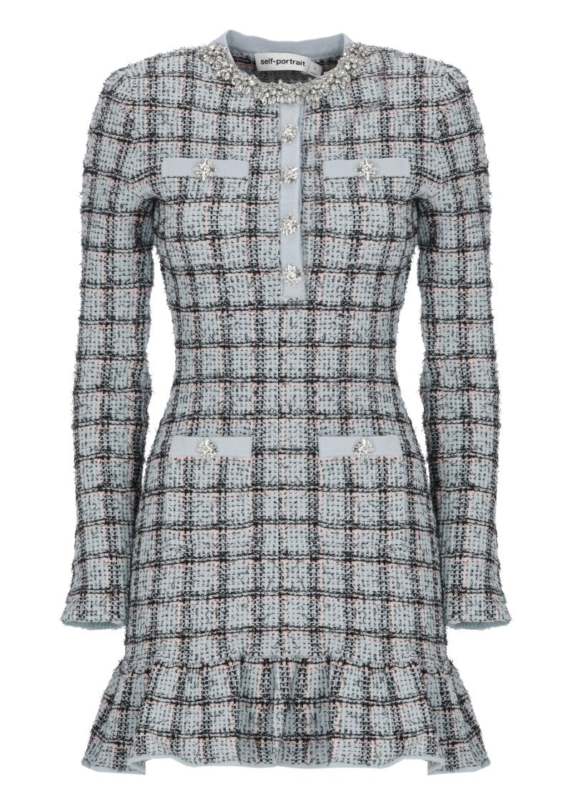Self-Portrait Check Pattern Knit Dress With Jewel Button Accents