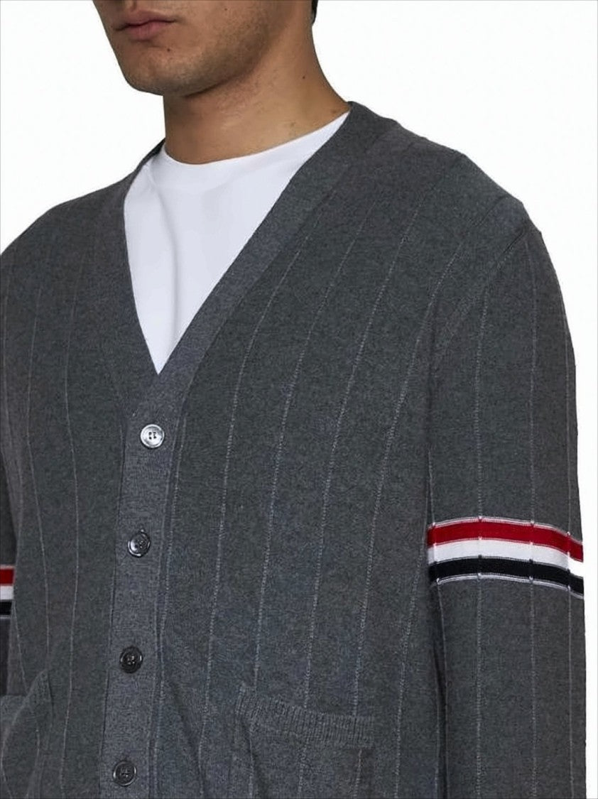 Thom Browne Grey Wool Cardigan With V-Neck And Iconic Striped Accents