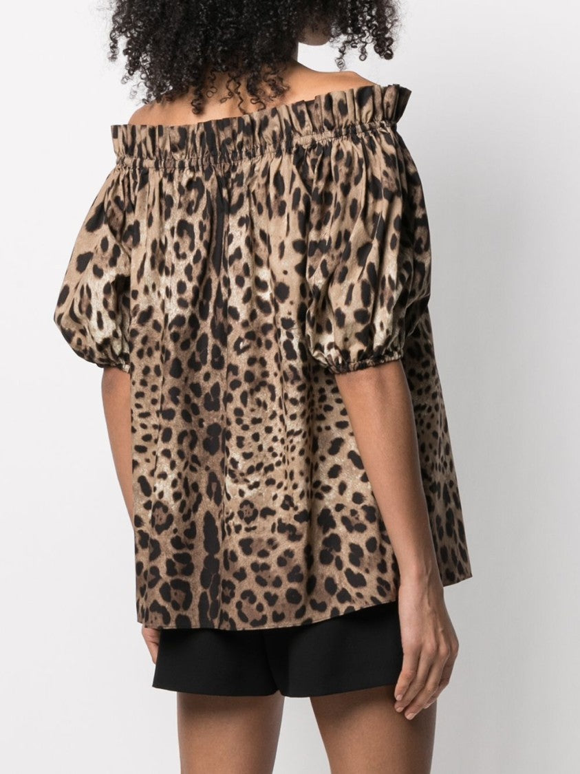 Dolce & Gabbana Leopard Print Off-Shoulder Blouse With Puff Sleeves