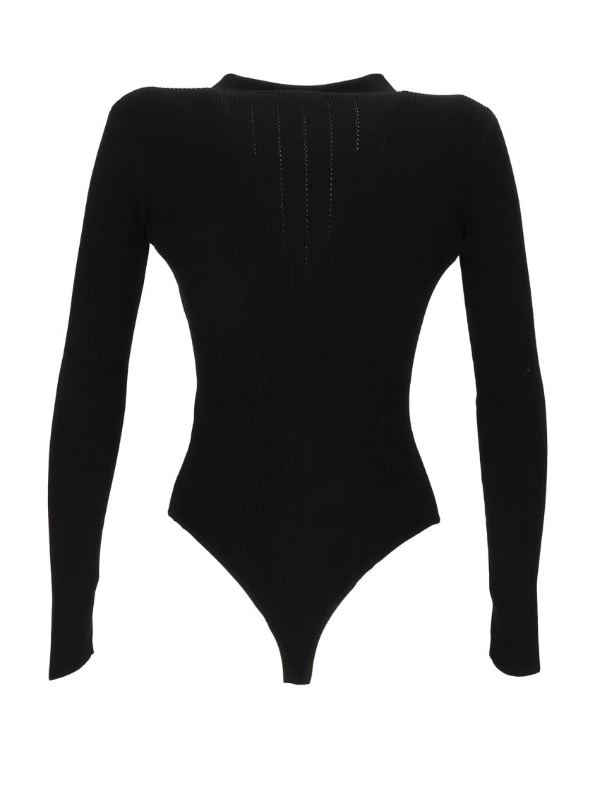 Elisabetta Franchi Ribbed Knit Bodysuit With Deep V-Neckline And Logo Detail