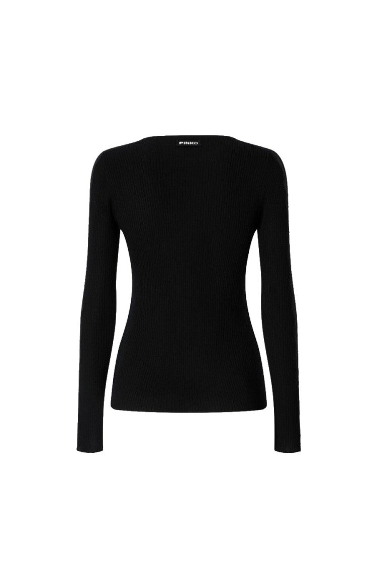 Pinko Black Wool-Cashmere Blend Ribbed Crew-Neck Sweater