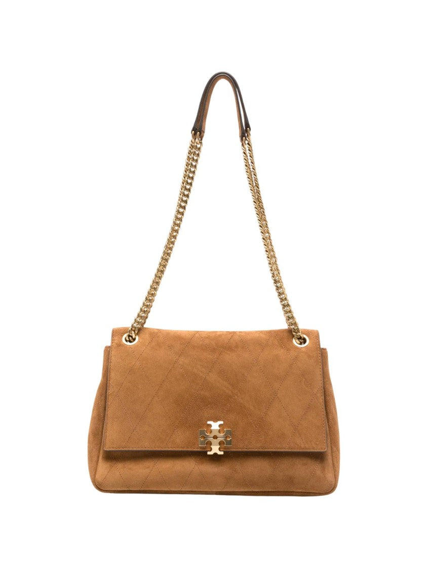 Tory Burch Charlie Quilted Metallic Logo Suede Shoulder Bag