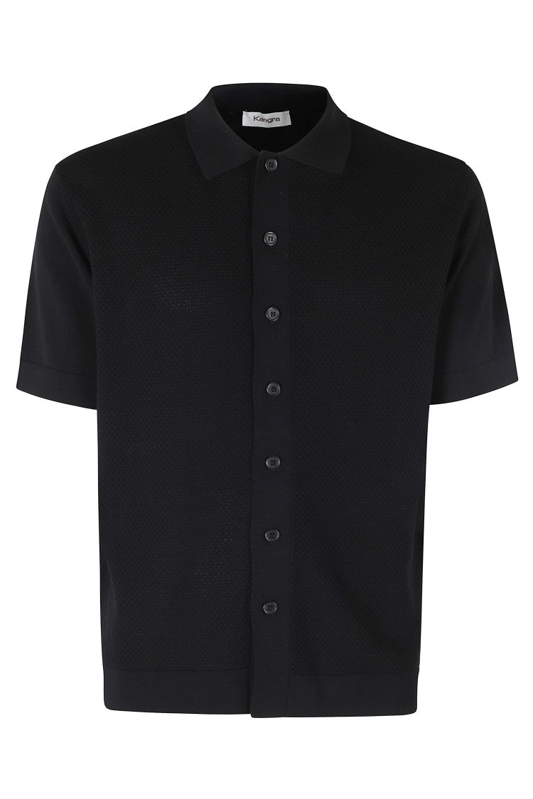 Kangra Black Pique Work Short Sleeve Ribbed Trim Cotton Sweater Polo Shirt