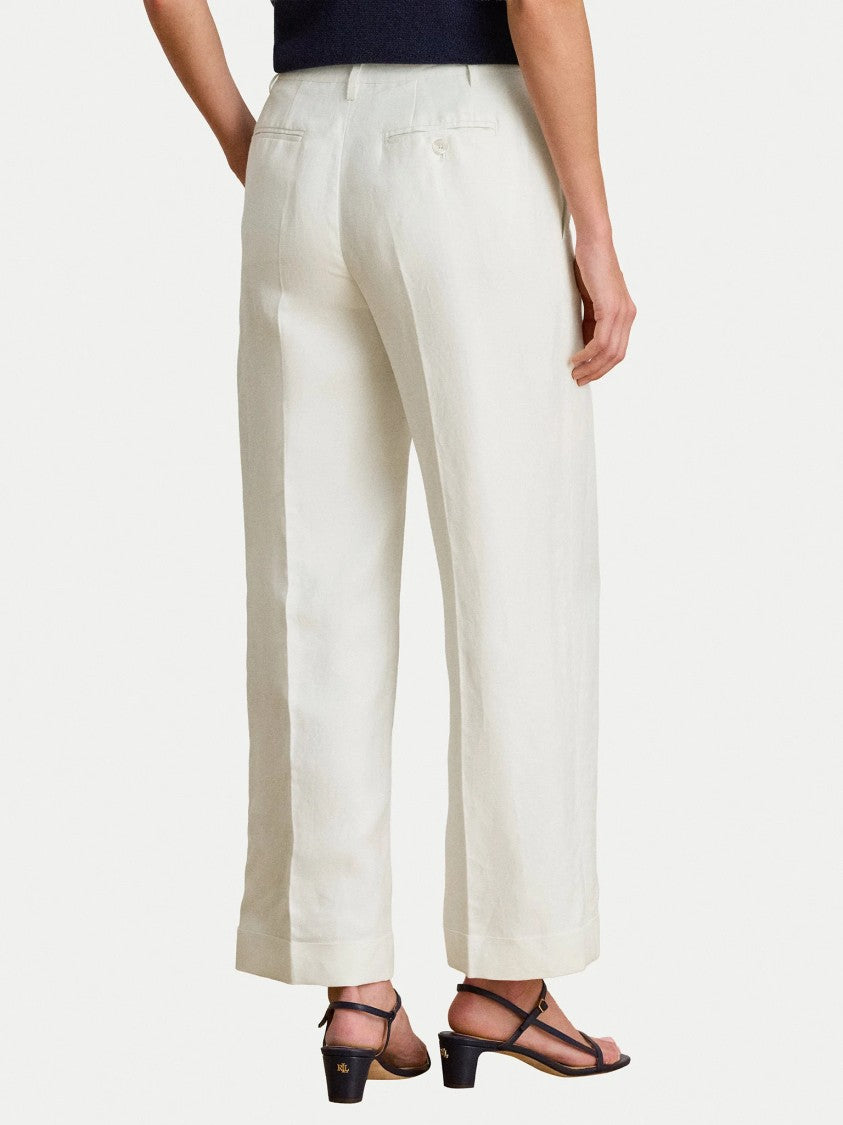 Lauren Ralph Lauren White Sendon Cropped Pleated Linen Trousers