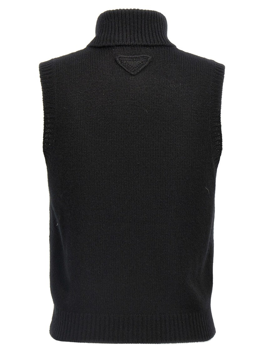 Prada Fitted Black Cashmere Vest With Ribbed Collar And Detailing