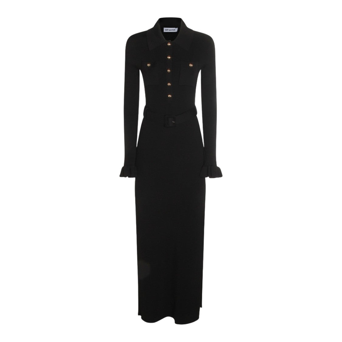 Self-Portrait Ribbed Black Maxi Dress With Collared Neckline