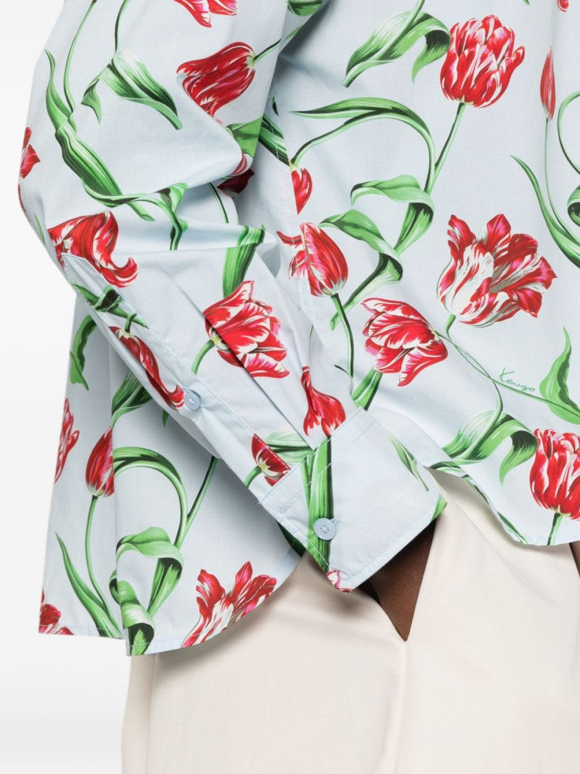 Kenzo Light Blue Cotton Floral Print Kenzo Shirt