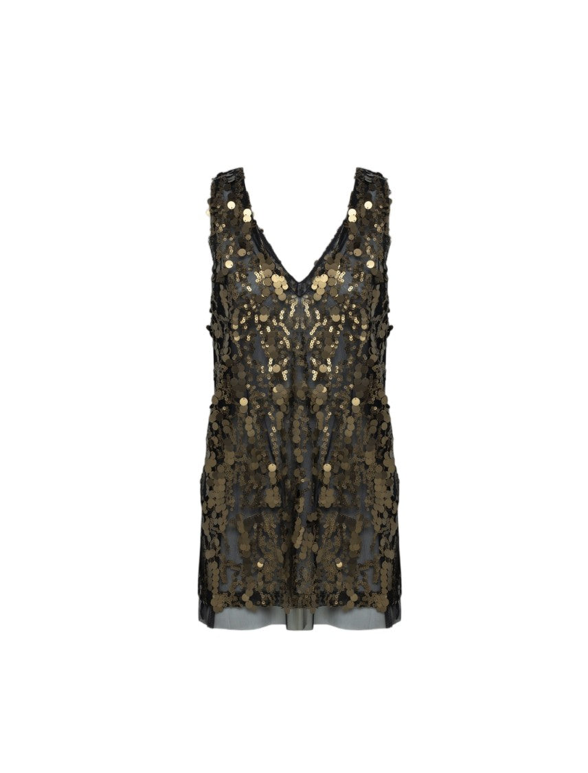 Alpha Studio Irregular Sequined V-Neck Tulle Tank Top