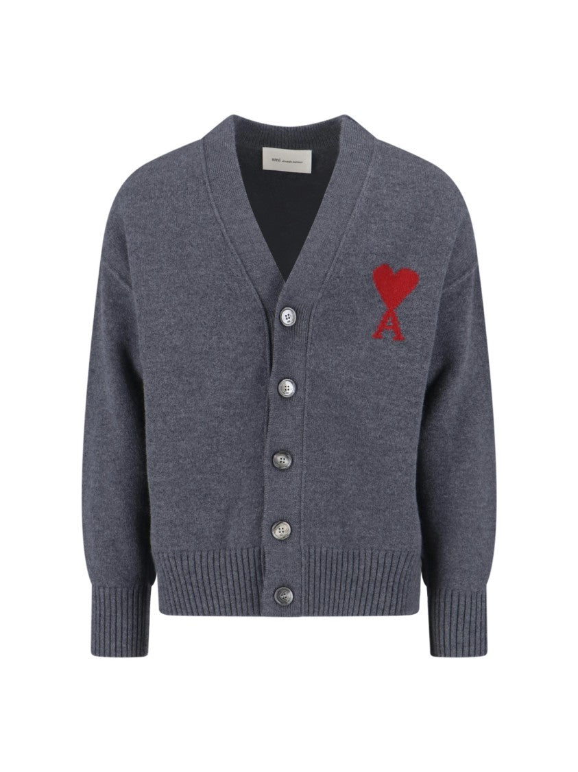Ami Paris Grey Ami De Cœur Wool Cardigan