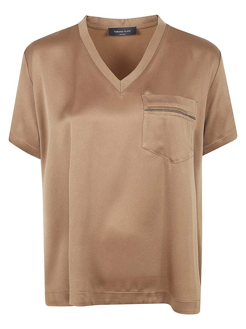 Fabiana Filippi V-Neck Brown Top With Short Sleeves