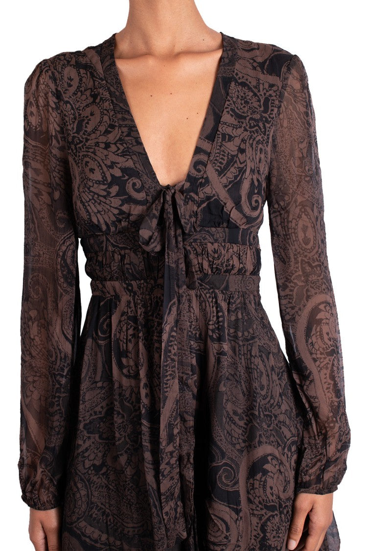 Pinko Brown Paisley Print Tie-Neck Viscose Mini Dress