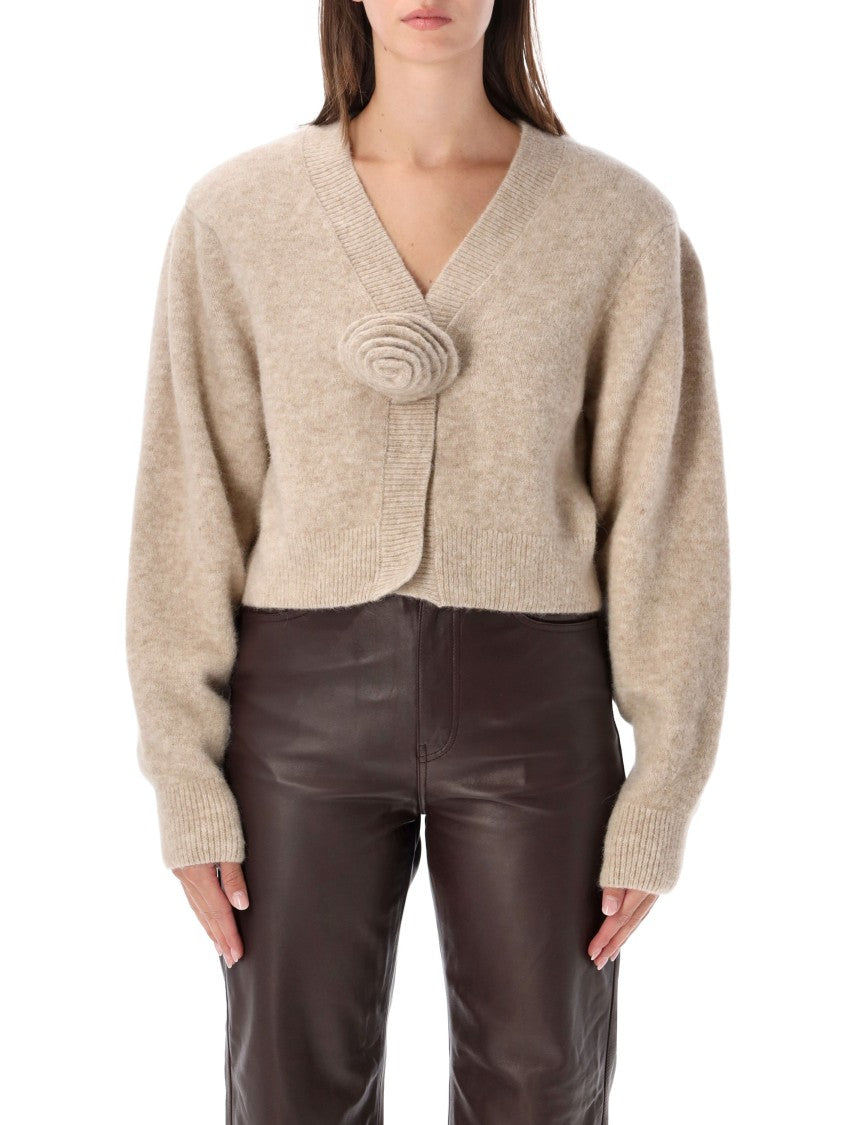 Rotate Fuzzy Textured Flower Closure Cropped Cardigan