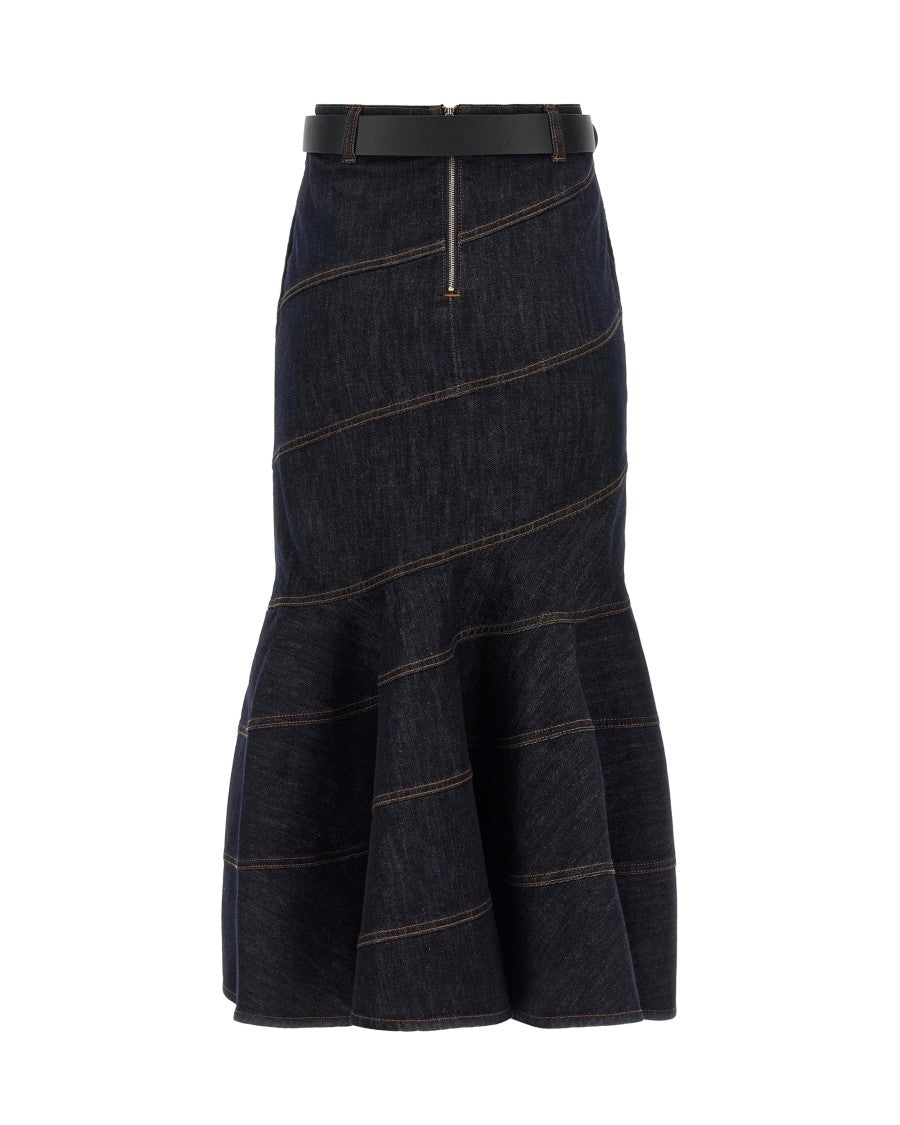 Self-Portrait Blue Belted Cotton-Blend Midi Skirt