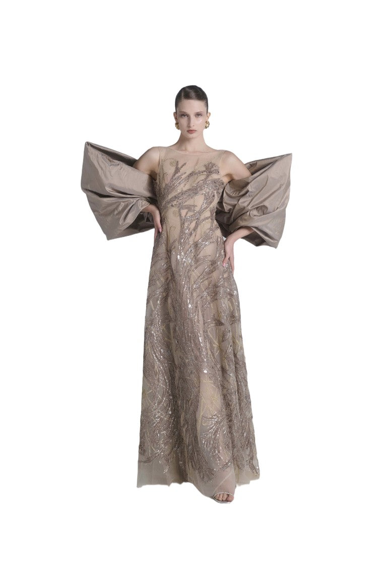 Saiid Kobeisy Embroidered Long Dress With Bow Cape