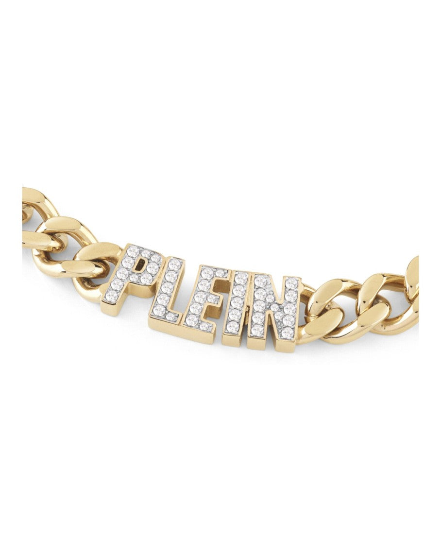 Philipp Plein Gold Chain Necklace With Crystals And Nameplate