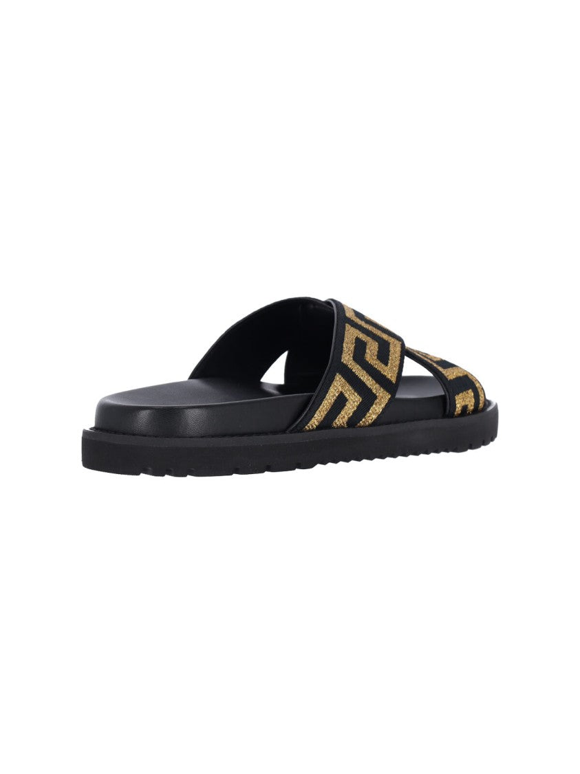 Versace Cross-Strap Slip-On Sandals With Gold Greca Motif