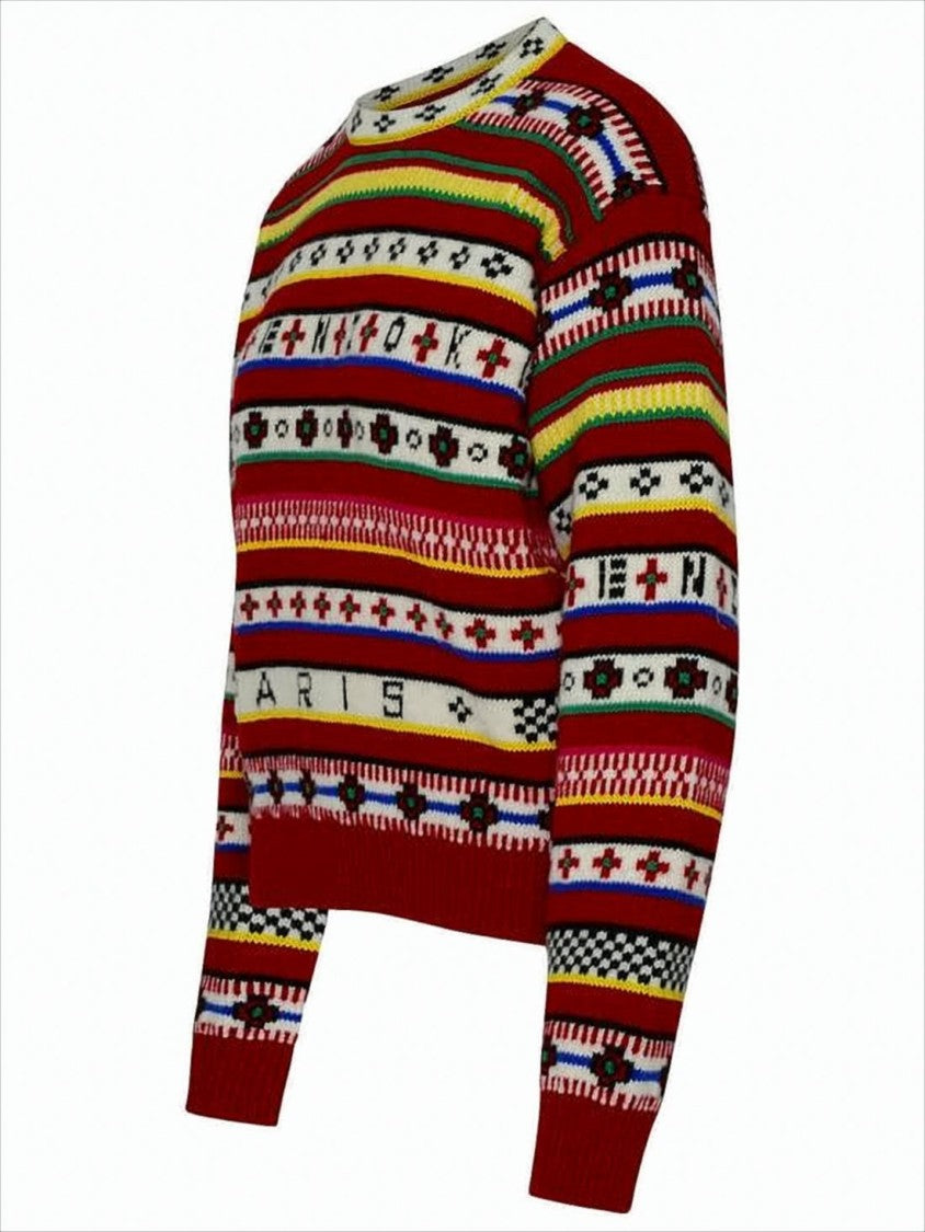 Kenzo Multicolored Striped Knit Sweater With Geometric Motifs