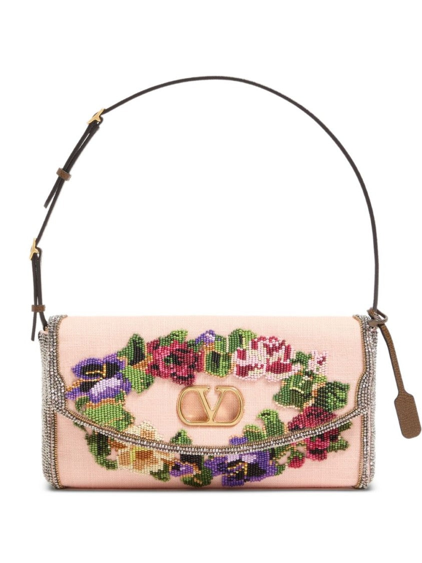 Valentino Garavani Structured Rectangular Bag With Floral Beadwork And Metallic Trim