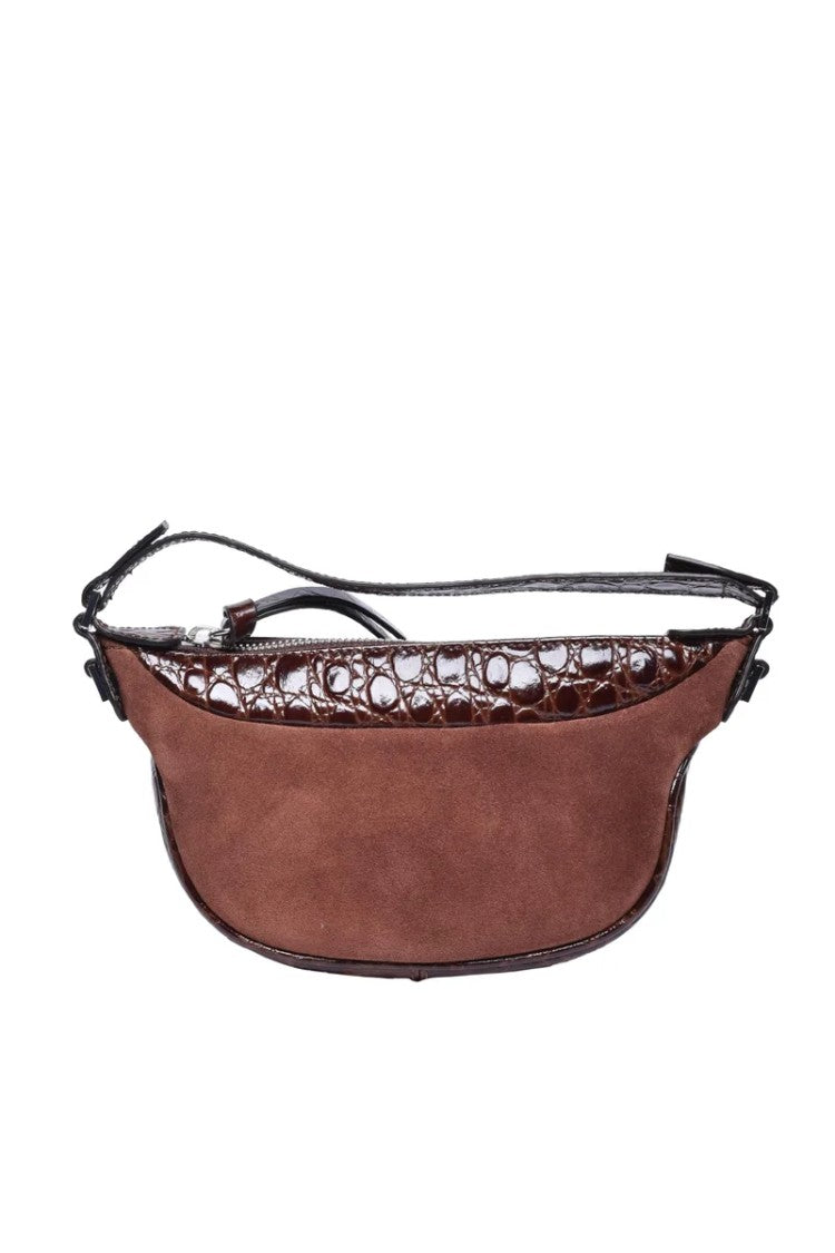 By Far Brown Mini Glossy Croc-Embossed Leather Shoulder Bag