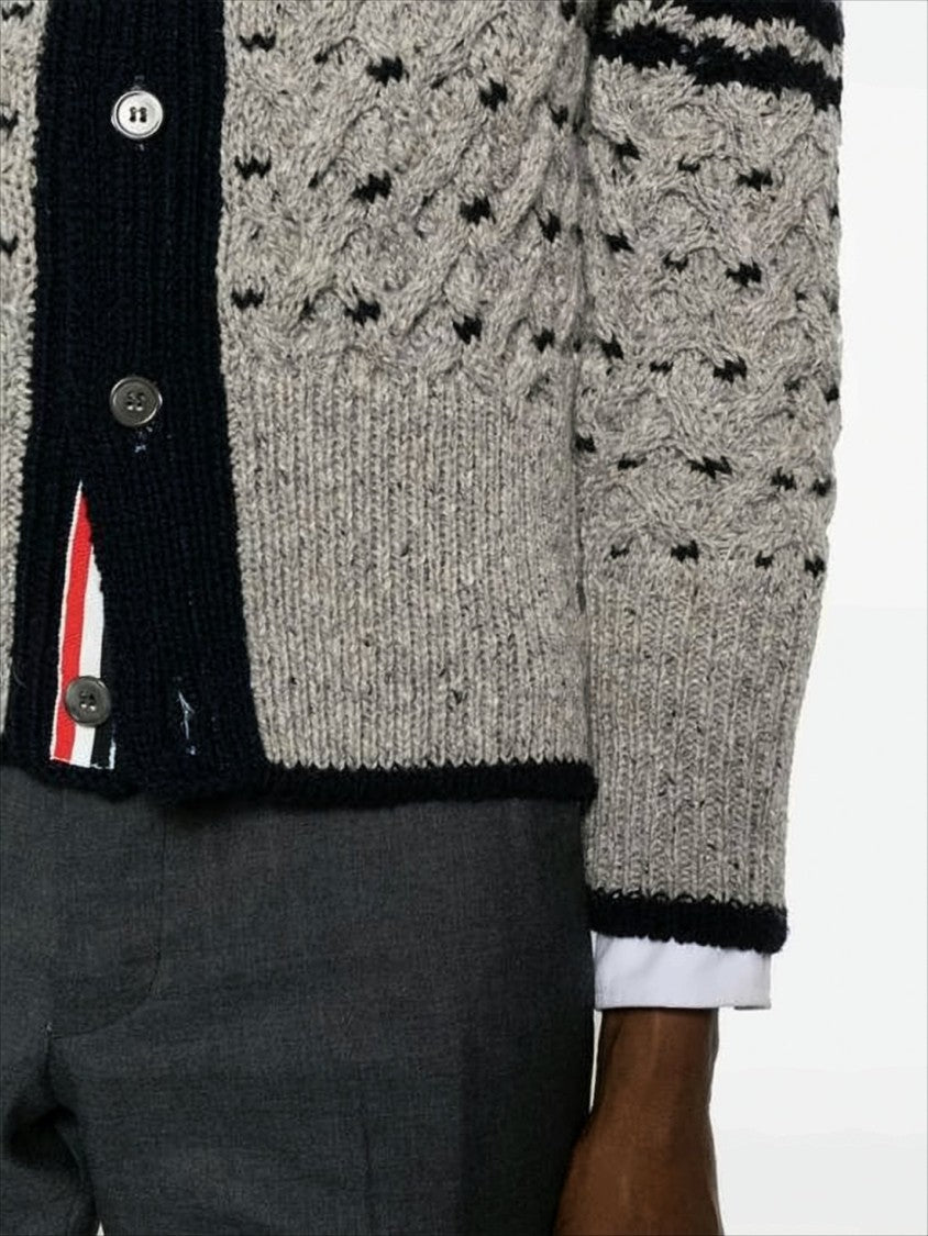Thom Browne Textured Knit Cardigan With Deep V-Neckline