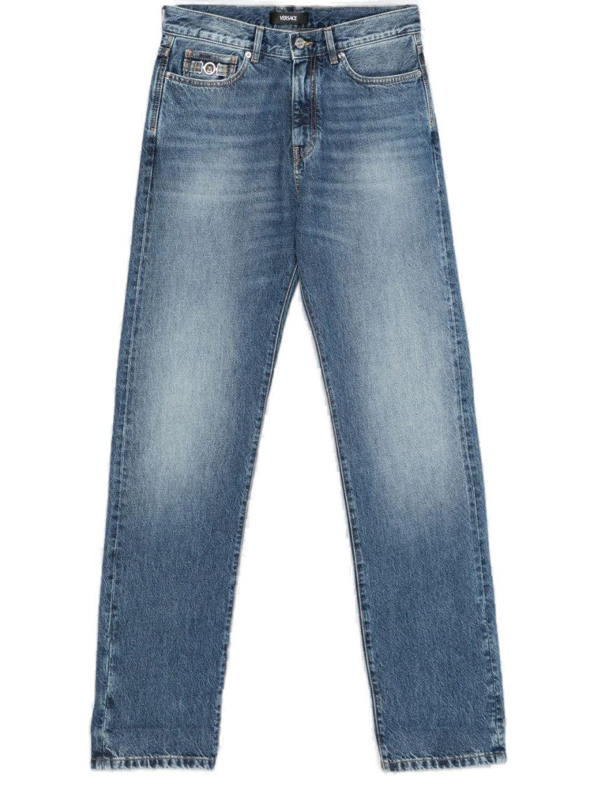 Versace Faded Blue Straight-Leg Jeans With Branded Leather Patch