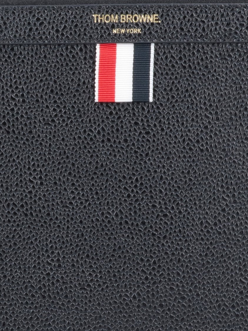 Thom Browne Rectangular Black Leather Pouch With Gold Zipper