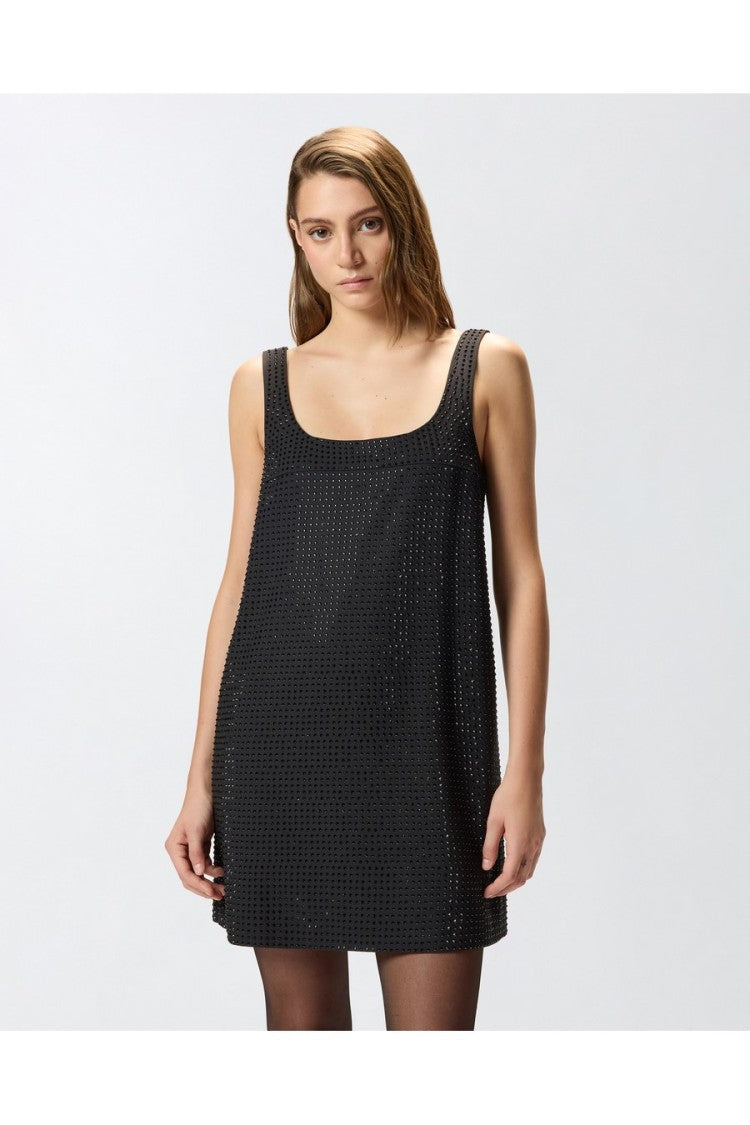 Pinko Black Polyester-Viscose Crystal-Embellished Mini Dress