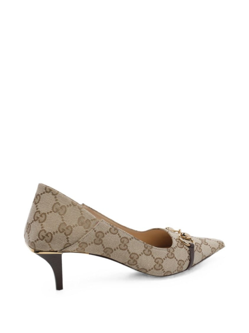 Gucci Monogram Fabric Pointed-Toe Gold Accent Shoes