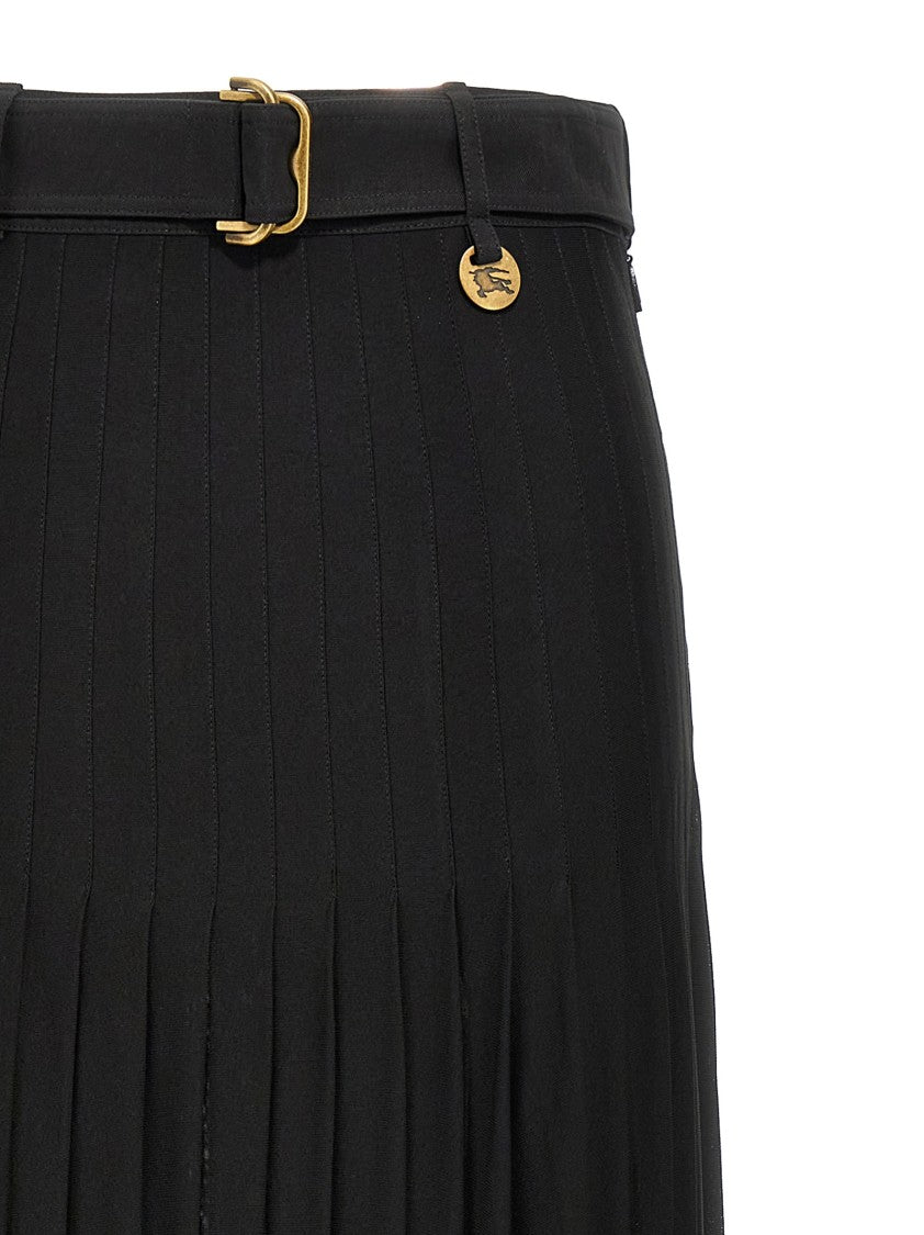 Burberry Long Pleated Skirt With Belted Waist And Logo Detail
