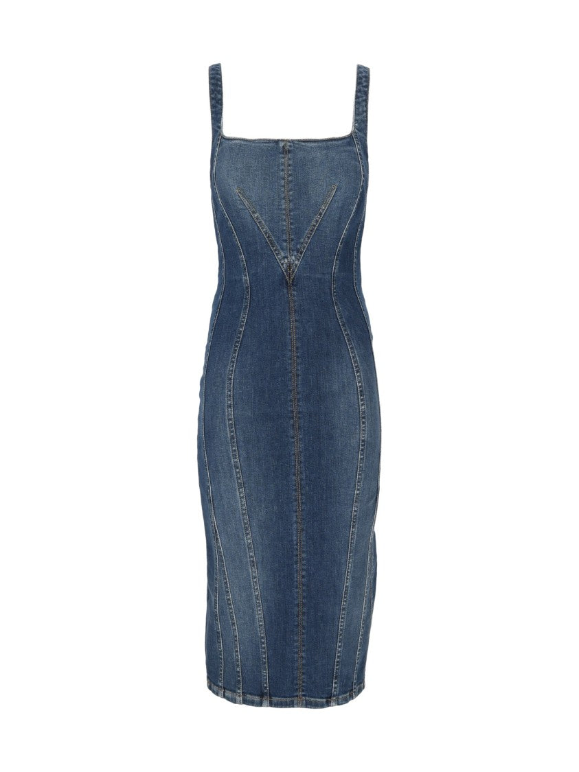 Elisabetta Franchi Denim Fitted Square Neck Day Dress