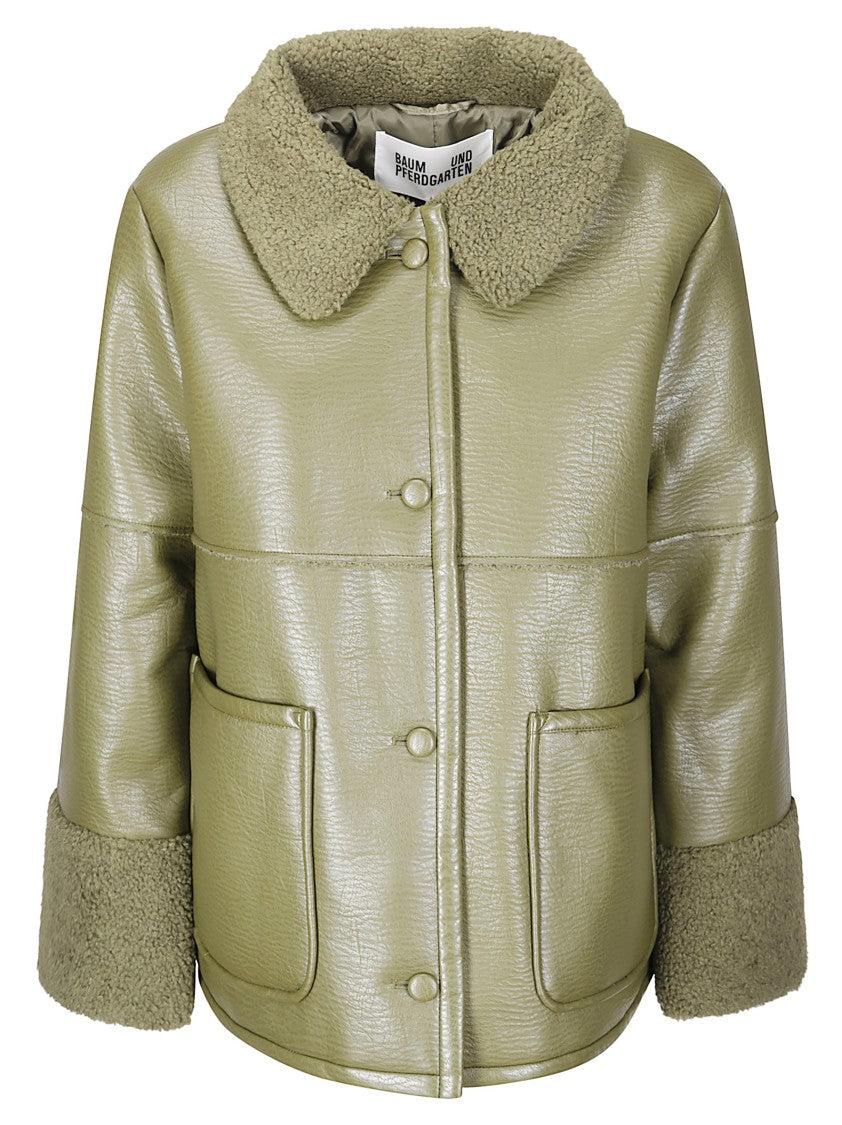 Baum Und Pferdgarten Short Shearling-Style Green Coat With Front Pockets