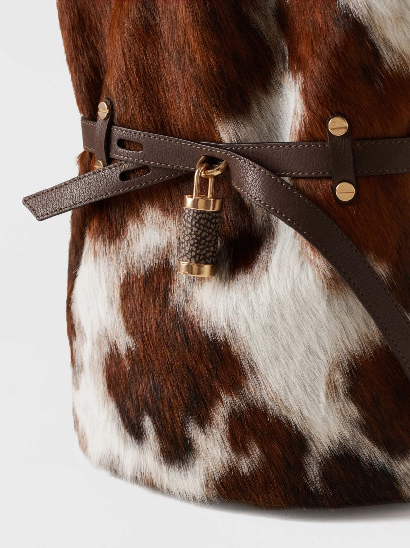 Borbonese Bucket Handbag With Textured Cowhide Pattern And Gold-Tone Accents