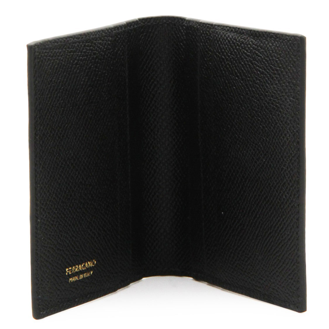 Ferragamo Textured Black Leather Card Holder With Gold Logo Detail