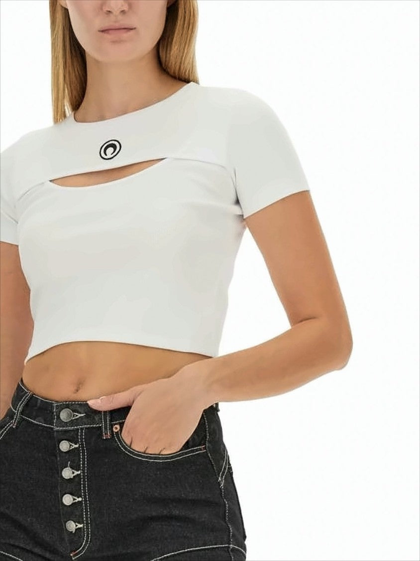 Marine Serre Fitted White Crop Top With Unique Cut-Out Detail