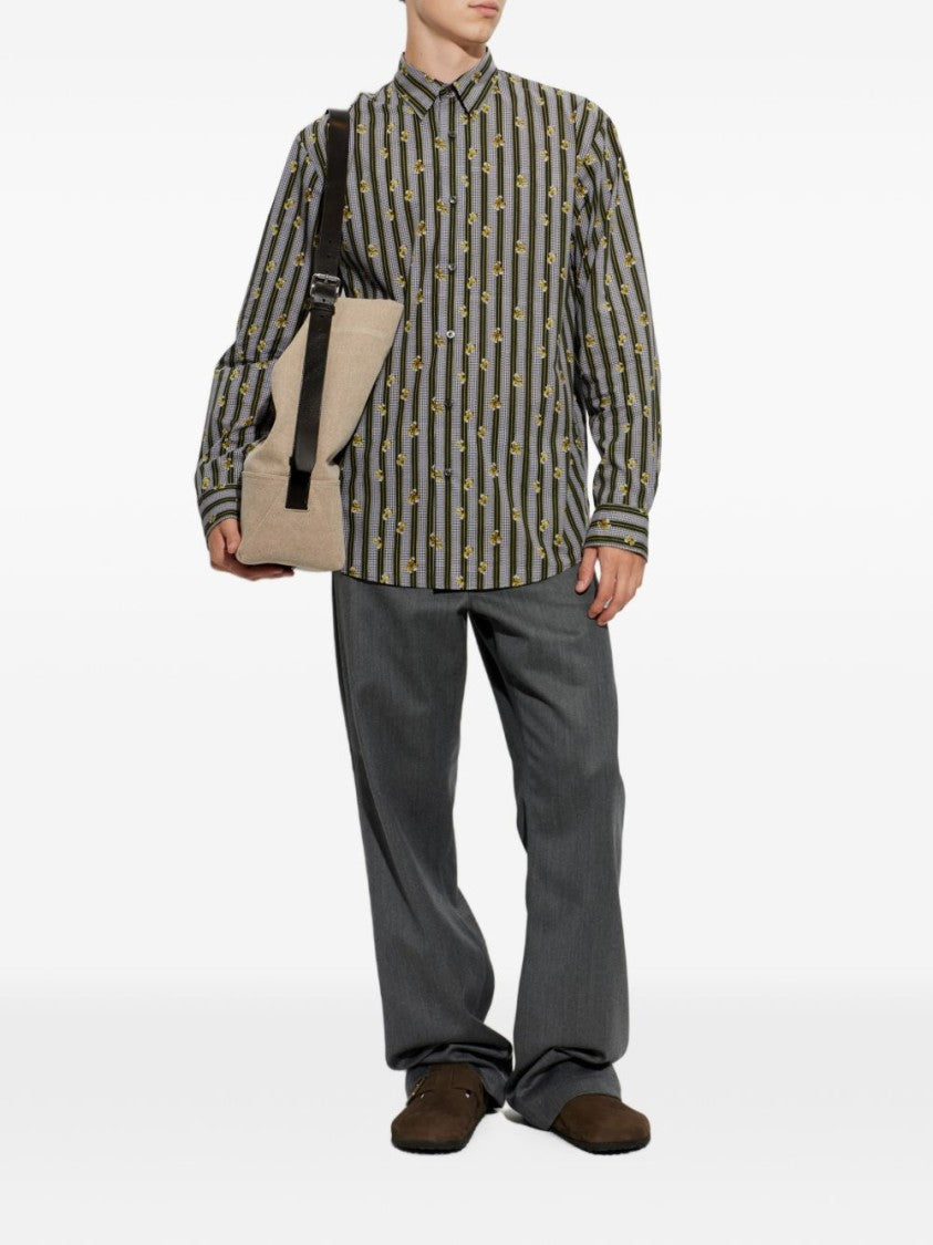 Dries Van Noten Vertical Striped Casual Shirt With Floral Accents