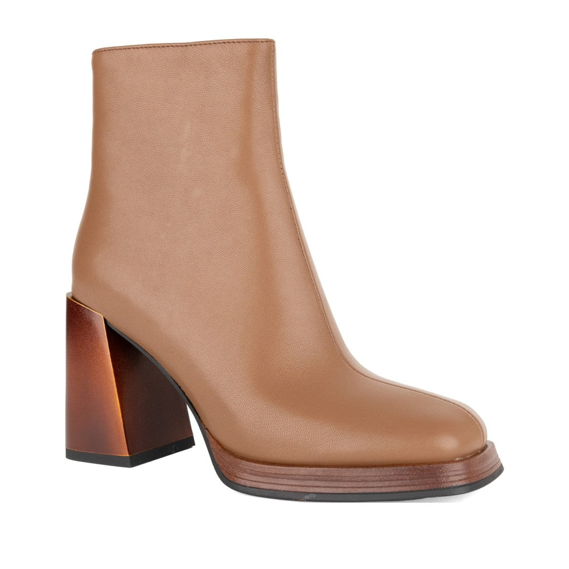 Linda Baumann Beige Smooth Leather Side Zipper Block Heel Boots